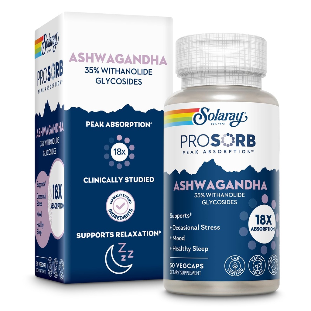 SOLARAY Ashwagandha Kapseln 18X Absorption - Ashwagandha Wurzel- und Blattextrakt 240 mg - Occasional Stress Relief and Mood Support Supplement - Vegan, 60-Day Garantie - 30 Servietten, 30 VegCaps