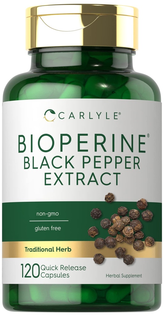 Carlyle Bioperine 10mg | 120 Kapseln | Non-GMO & Gluten Free | Sourced from Black Pepper Extract | Unterstützt Curcumin Powder Absorption