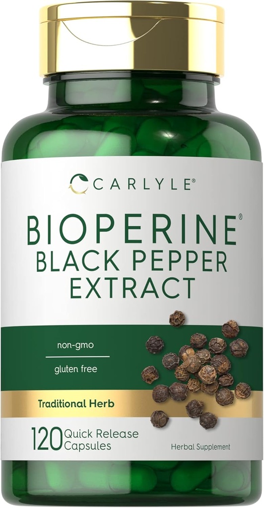 Carlyle Bioperine 10mg=120 Capsules=1 Sans OGM et sans gluten=1 provenant de l'extrait de poivre noir=1 supporte l'absorption de poudre de curcumine