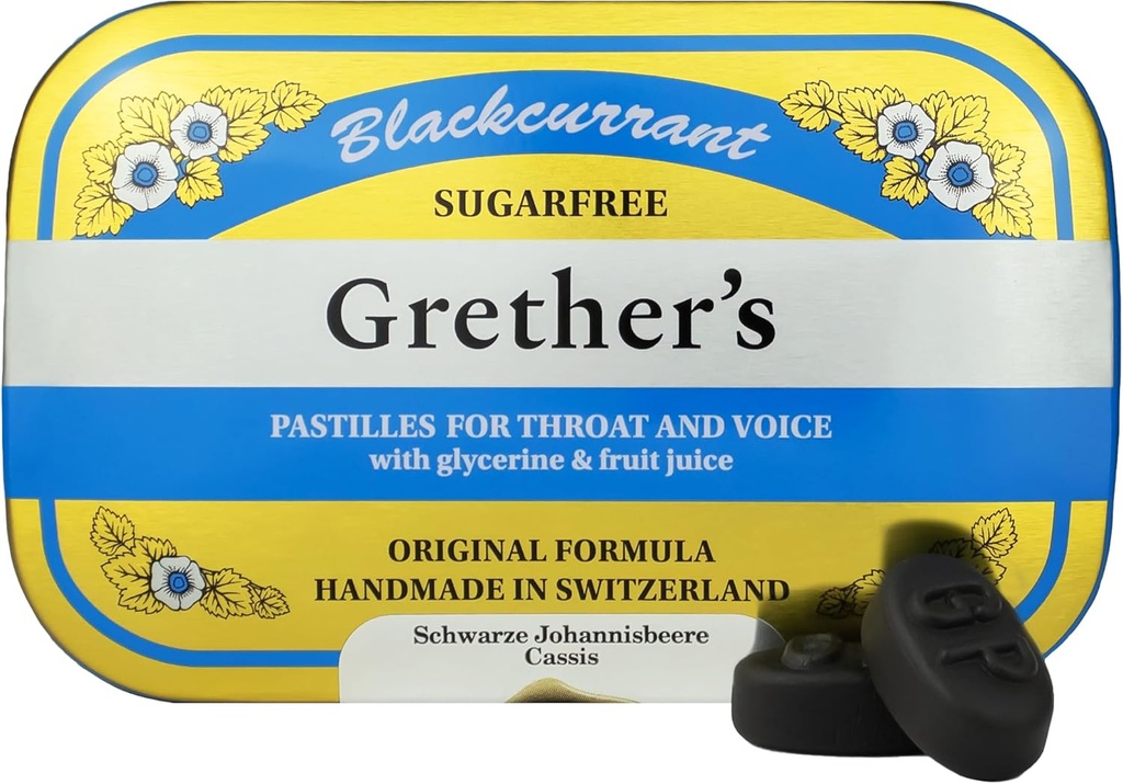 GRETHER'S Pastilles de cassis sans sucre - Relief naturel de la bouche sèche - Gorge apaisante et voix saine - Cadeau pour chanteurs - 3,75 oz. 1 Pack