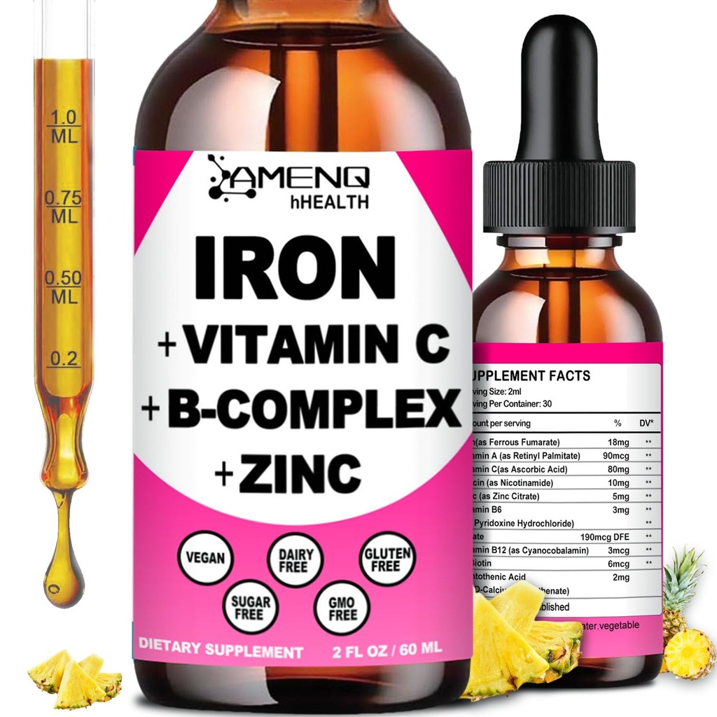 Supplément en fer pour femmes hommes et enfants, vitamine de fer C, A, complexe B, gouttes de fer végétalien Vitamine liquide haute puissance et suppléments en fer pour l'anémie, globule rouge, énergie, fabricant de sang, doux