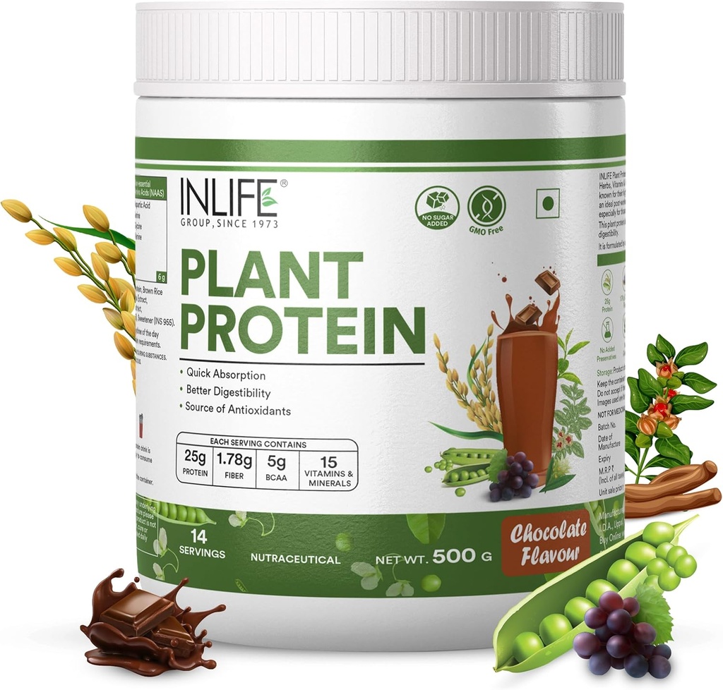INLIFE Pflanzenprotein-Pulver - Pea, Quinoa & Brown Rice - 25g Protein - Ashwagandha, Grüner Tee & Trauben-Extrakt - Supplement (500 g, Schokolade)