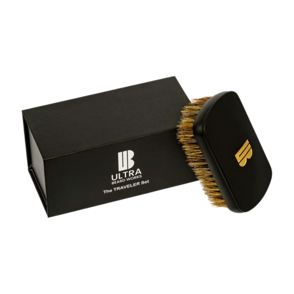 Magnetisierte High-End Beard Brush Set – Das „Traveler“ Set umfasst einen abnehmbaren Spiegel und Borborstenbürste. Der „ULTIMATE BRUSH“ ist in drei Sätzen und mehreren Farben erhältlich.