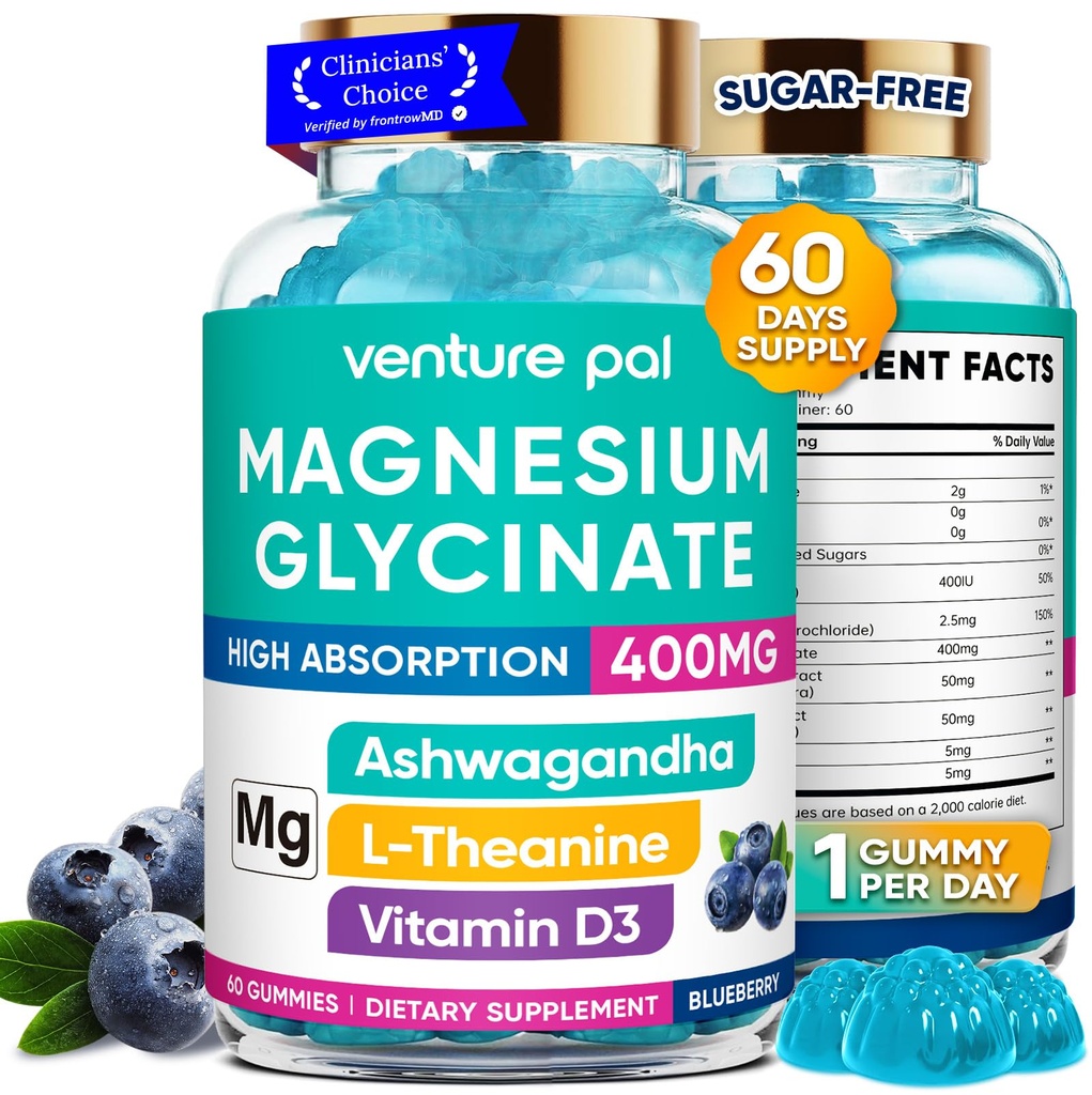 60 jours d'approvisionnement Magnésium Glycinat 400mg Gommies avec Ashwagandha, L-Theanine, CoQ10, Vitamine D3 & B6, sans sucre Gommies de magnésium pour adultes et enfants, soulagement du stress, sommeil et calme, végétalien, sans gluten