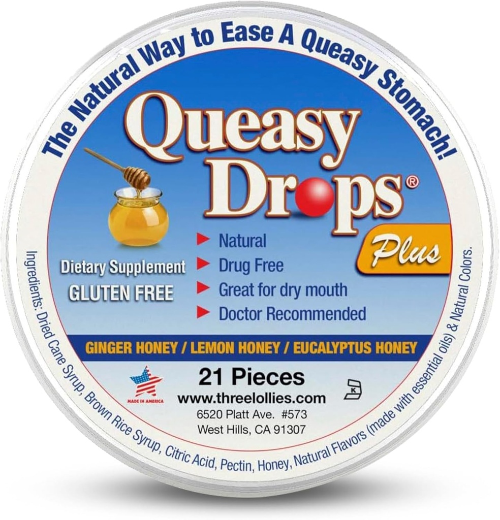 Drei Lollies Queasy Drops Plus - Lozenges mit Pektin & Honig, um einen trockenen Mund zu beruhigen - Alleviate Nausea & Motion Sickness - Natürlich - 21 ct