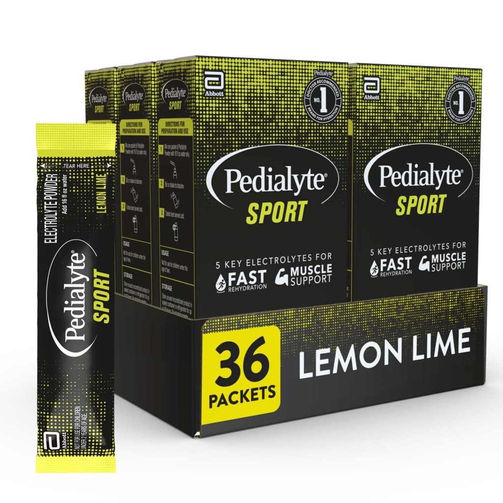 Poudre d'électrolyte Pedialyte Sport, hydratation rapide avec 5 électrolytes clés pour le soutien musculaire avant, pendant et après l'exercice, citron Lime, paquets de 0,49 oz (36 comte)