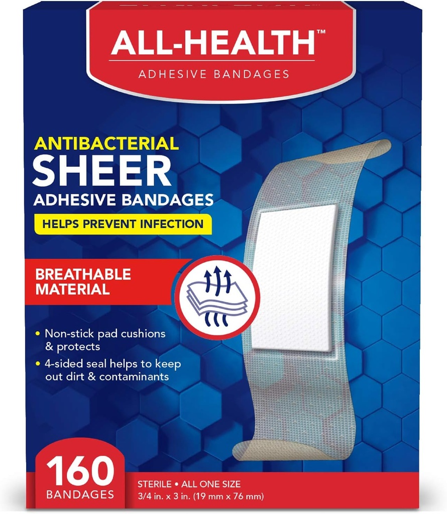 Alle Gesundheit Antibakterielle Sheer Adhesive Bandagen, 3/4 in x 3 in, 160 ct | Hilft, Infektion zu verhindern, Extra großer bequemer Schutz für Erste Hilfe und Wund Pflege