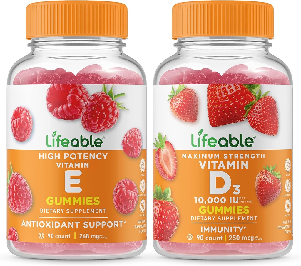 Lebensfähiges Vitamin E + Vitamin D 10000 IU, Gummie Bundle - Große Verkostung, Vitamin-Ergänzung, Glutenfrei, GVOfrei, Kaugummi