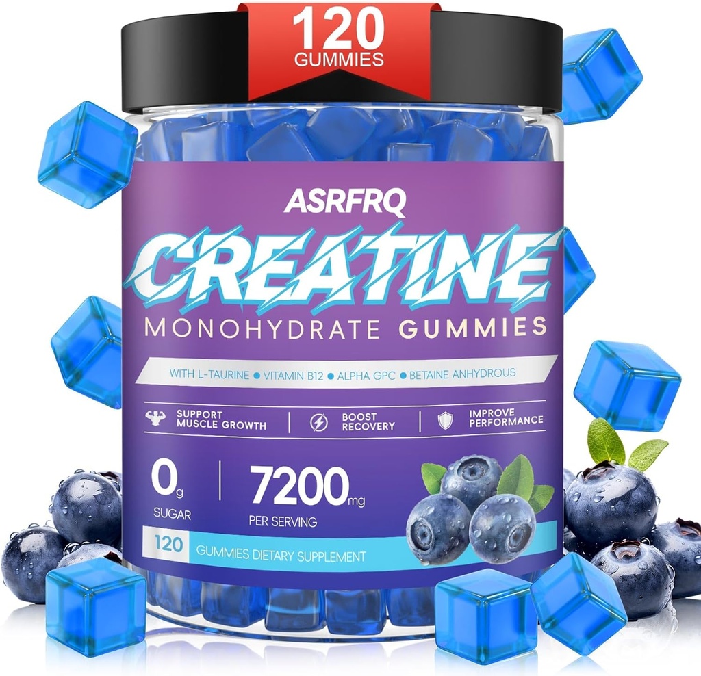 Kreatin Monohydrat-Gummi für Männer & Frauen 120 CT - 7200mg Kreatin Monohydrat pro Servieren, Kaubare Kreatin Monohydrat für Muskelunterstützung & Energie Boost, Zuckerfrei, Vegan (BlueberryFlavor)