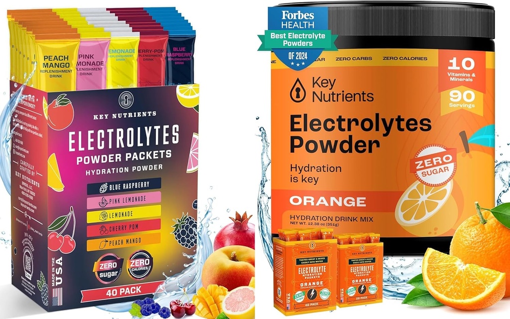 KEY NUTRIENTS Ultimate Hydration & Recovery Bundle: 40 Pack Multivitamin Hydration Packets & 90 Servierungen von Tangy Orange Elektrolyt Pulver - Kein Zucker, Glutenfrei, Keto-Friendly