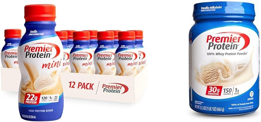 Premier Protein Shake MINIs Vanilla 22g Protein 120 Kalorien Packung 12 & Pulver Vanille Milchshake 30g Protein 17 Servierungen 23.3 Unzen