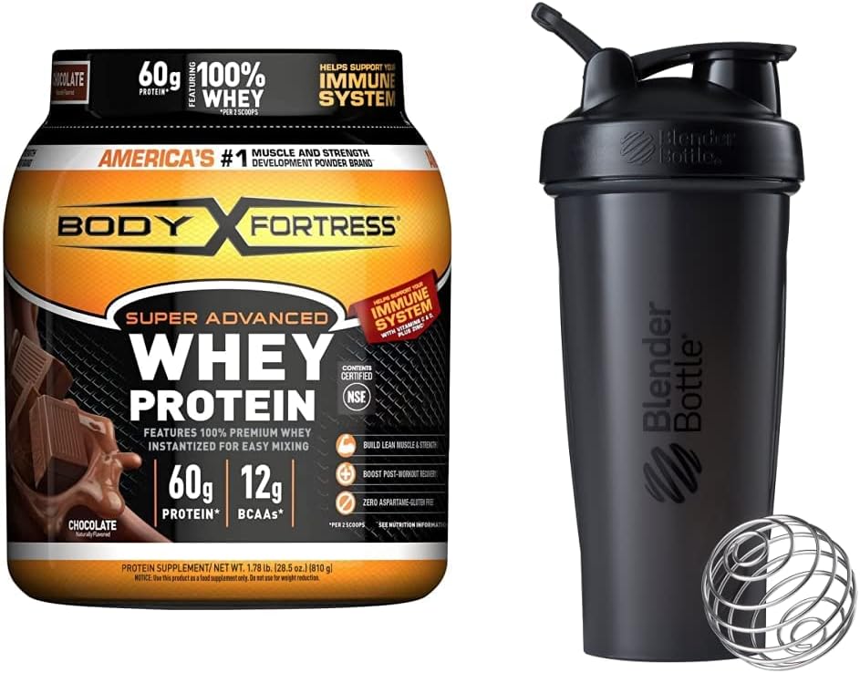 Body Fortress Super Advanced Whey Protein Powder, Chocolate (1.78 lbs) and BlenderBottle Classic Shaker Bottle (28 oz), Black