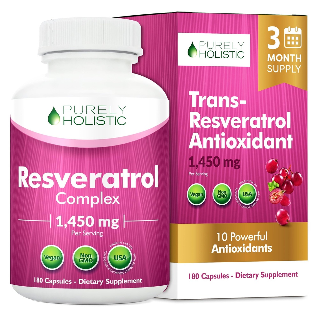 Rein ganzheitliche Resveratrol 1450mg, 90 Servierungen, Trans-Resveratrol Antioxidans Ergänzung mit Vitamin C und Polyphenol Komplex, 180 Vegan Kapseln