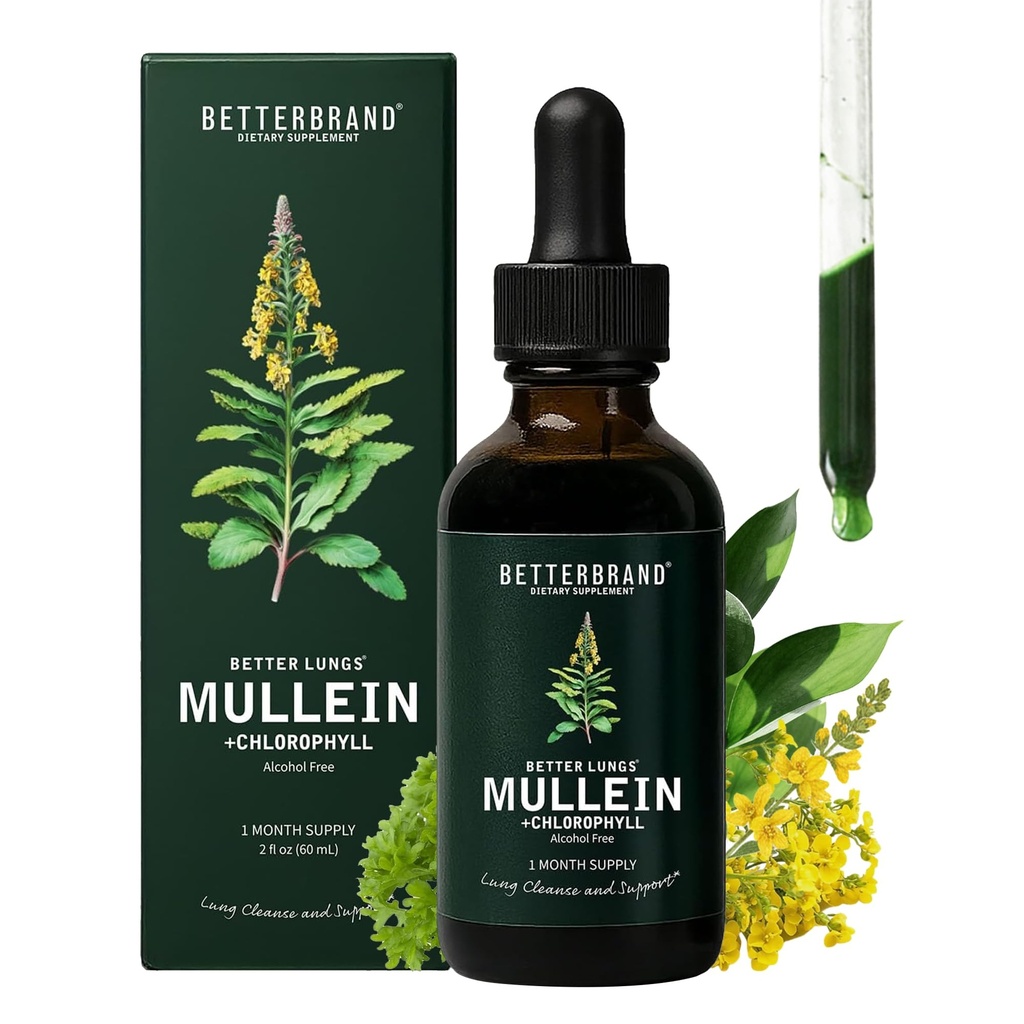Betterbrand Mullein Tropfen für Lung Detox - Mullein Leaf Tincture mit Chlorophyll - Hilft Respiratory Health, Alkoholfrei, 1 Monat Versorgung - 60ml