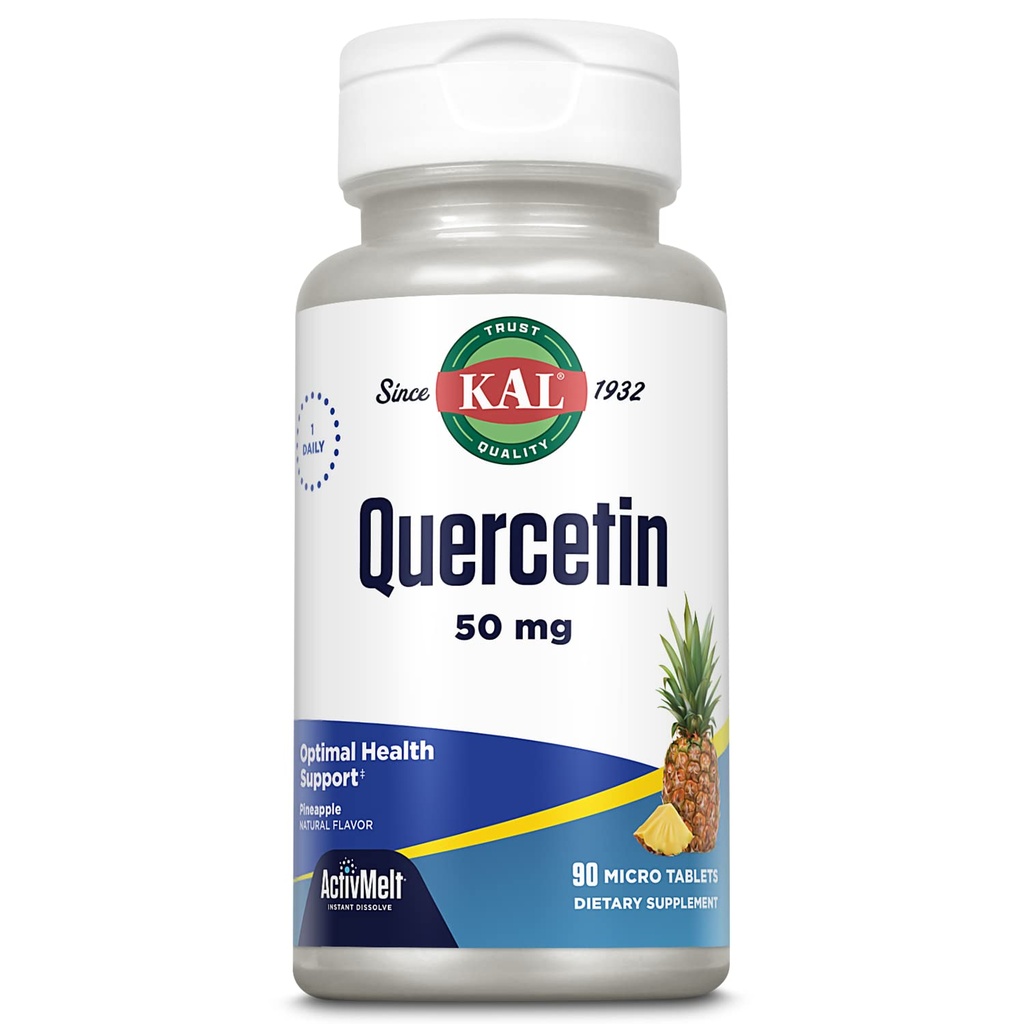 KAL Quercetin ActivMelt, Supplément de soutien optimal pour la santé et le mieux-être, Bioflavonoïdes, Arôme d'ananas naturel, 90 portions, 90 microcomprimés à dissolution instantanée