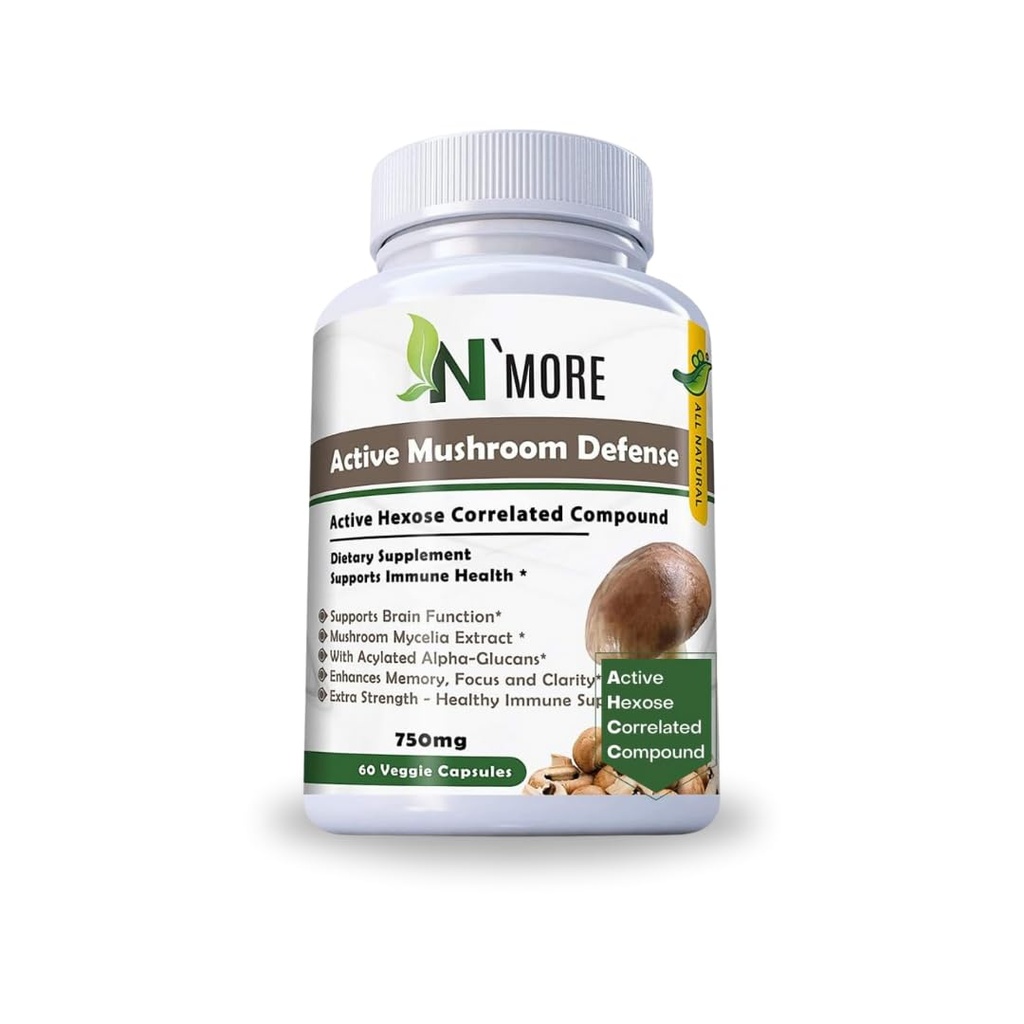 N' MORE Six Active Mushroom Defense Nahrungsergänzungsmittel unterstützt Immungesundheit 60 Veggie Kapseln 750 mg