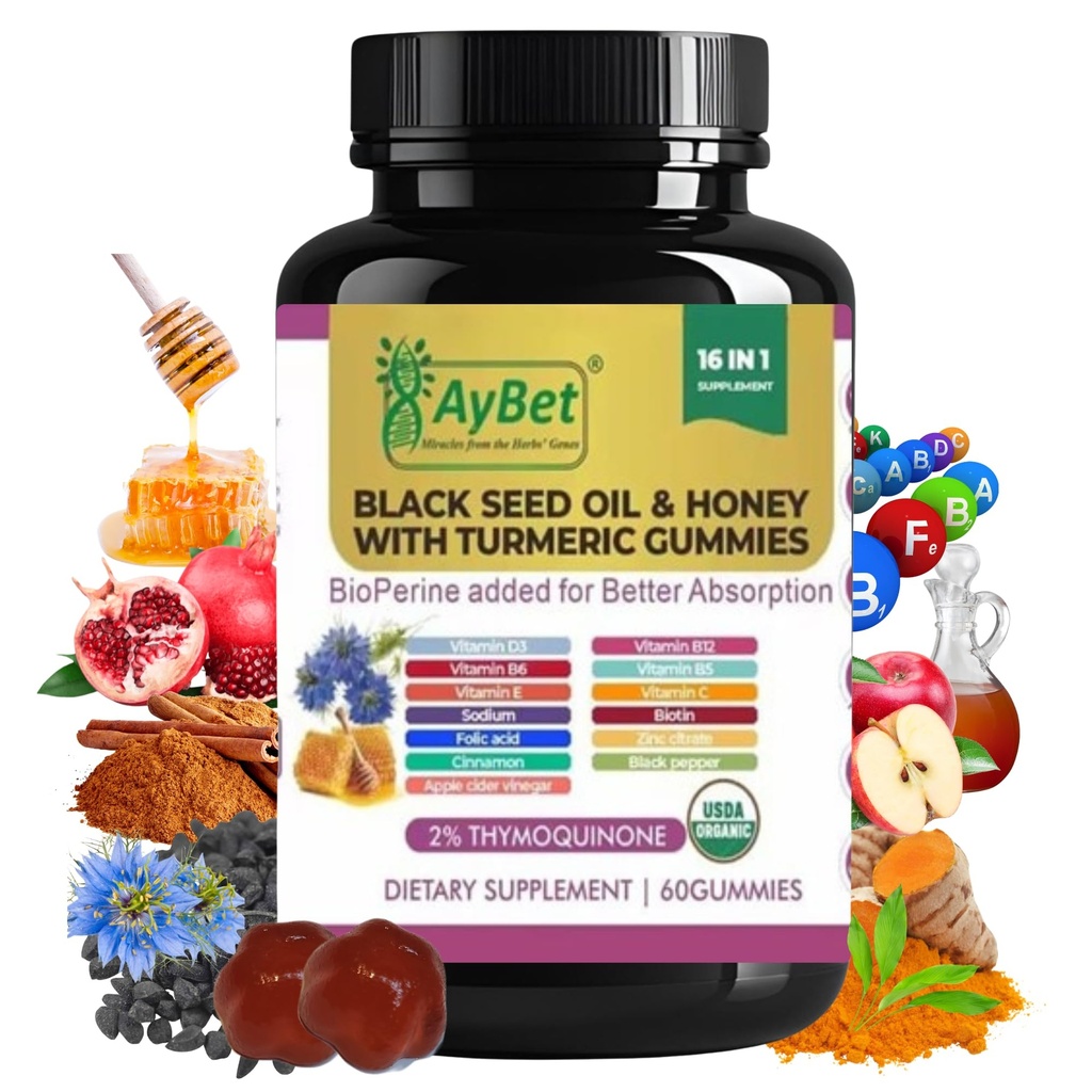 Schwarzes Saatgut Öl & Honig mit Kurkuma-Gummien mit BioPerine, Apfelessig, Biotin, Zink & Vitamine C D3 B12 – Immun, Detox, Energy & Hair Skin Nails Support – 60 Vegan, Halal, Organic Gummies