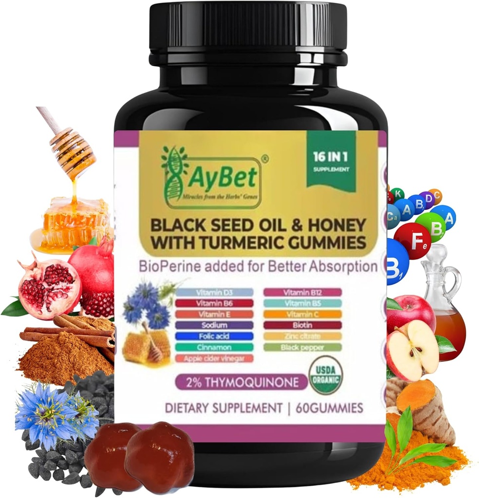 Schwarzes Saatgut Öl & Honig mit Kurkuma-Gummien mit BioPerine, Apfelessig, Biotin, Zink & Vitamine C D3 B12 – Immun, Detox, Energy & Hair Skin Nails Support – 60 Vegan, Halal, Organic Gummies
