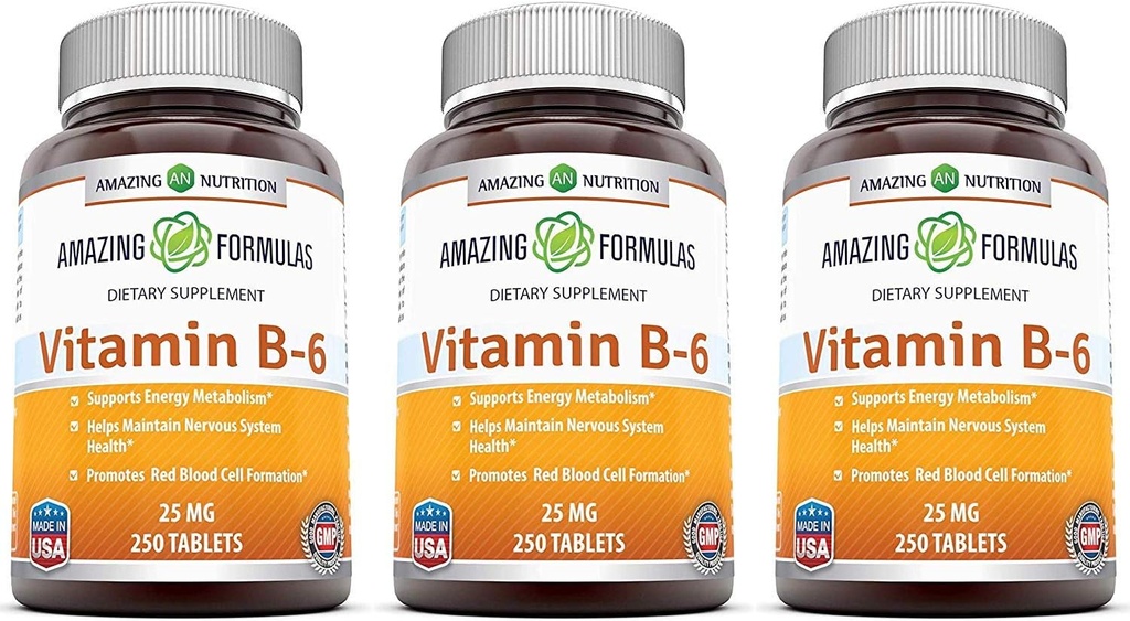 Formules étonnantes Vitamine B6 Pyridoxine 25mg 250 Comprimés Suppléments de non-OGM , sans gluten , Fabriqué aux États-Unis (3 Pack)
