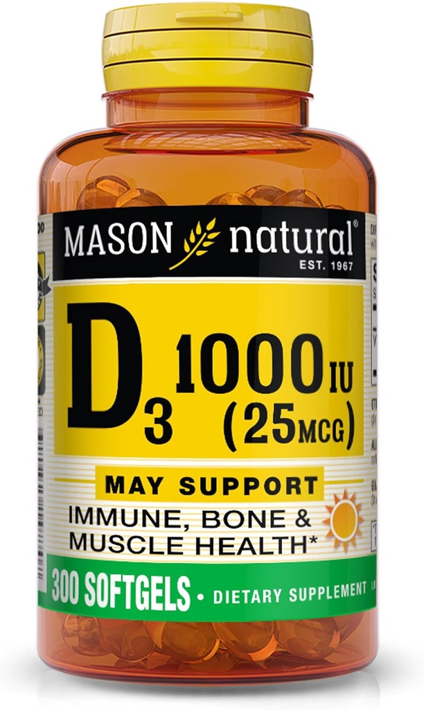 MASON NATURAL Vitamin D3 25 mcg (1000 IU), unterstützt Gesamtgesundheit, stärkt Knochen und Muskeln, aus Fisch Leberöl, 300 Softgels