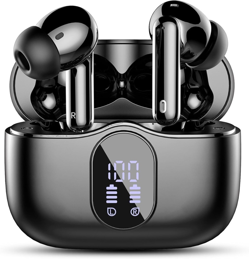 Ecouteurs sans fil, Bluetooth 5.4 Casques Basse Stéréo, Bouds d'oreilles avec affichage LED Mic annulant le bruit, IP7 étanche dans les écouteurs, 36H Playtime pour les téléphones portables Pad Sports Workout, Noir