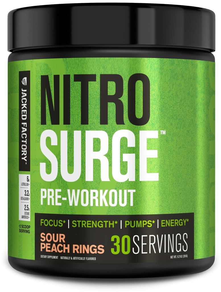 Jacked Factory NITROSURGE Pre Workout Supplement - Endless Energy, Instant Strength Gains, Clear Focus, Intensivpumpen - NO Booster & Powerful Preworkout Energy Powder - 30 Portionen, Sauer Peach Ringe