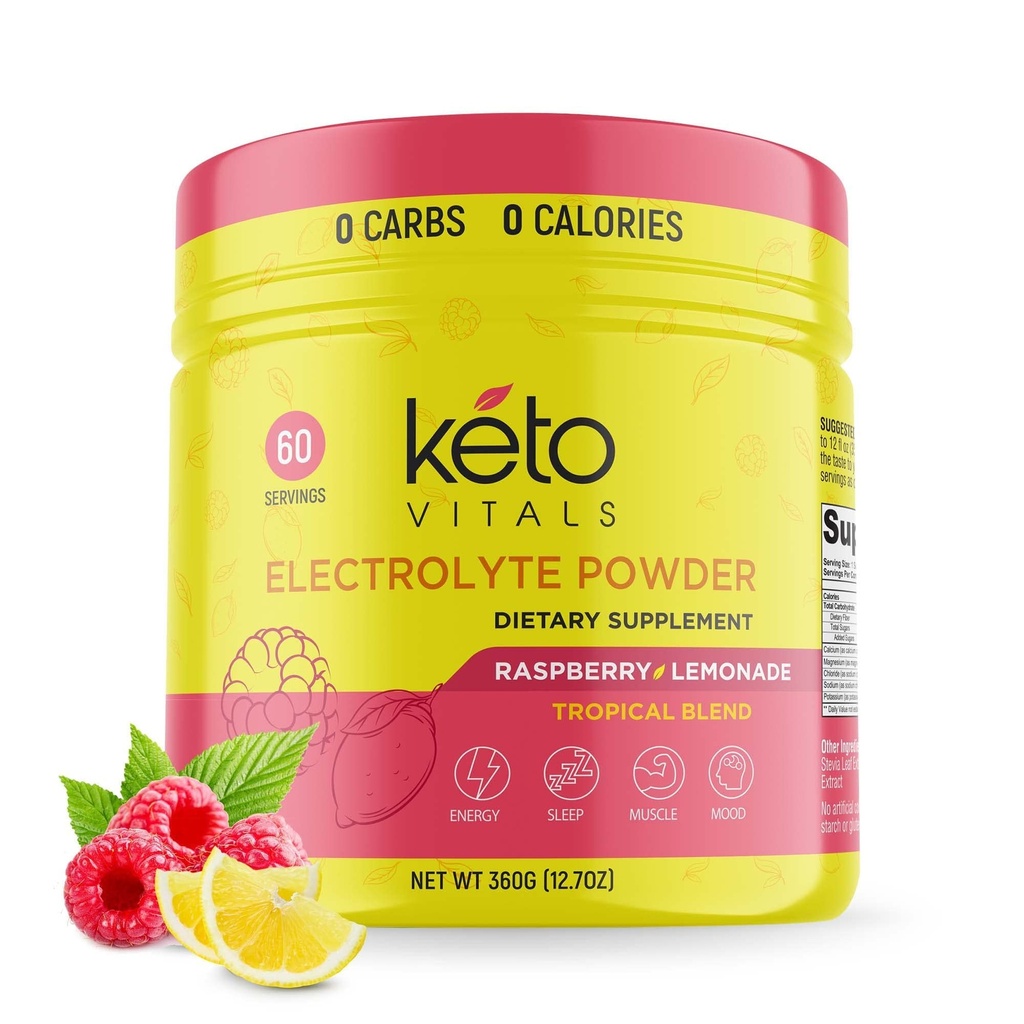 Poudre d'électrolytes de Keto Vitals - Sans sucre Poudre d'électrolytes de Keto avec du potassium, du magnésium, du sodium et du calcium - Sans sucre Mélange de boisson d'électrolyte et poudre d'hydratation, 60 portions, Lémonade de framboise