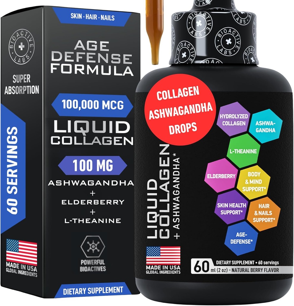 Collagène liquide pour les femmes et les hommes avec ashwagandha calmant - 100 000mcg Bovine Collagène boisson, 100mg Ashwagandha liquide pour la peau radiante, cheveux, ongles, et immunitaire support - 2oz Berry Flavo gouttes