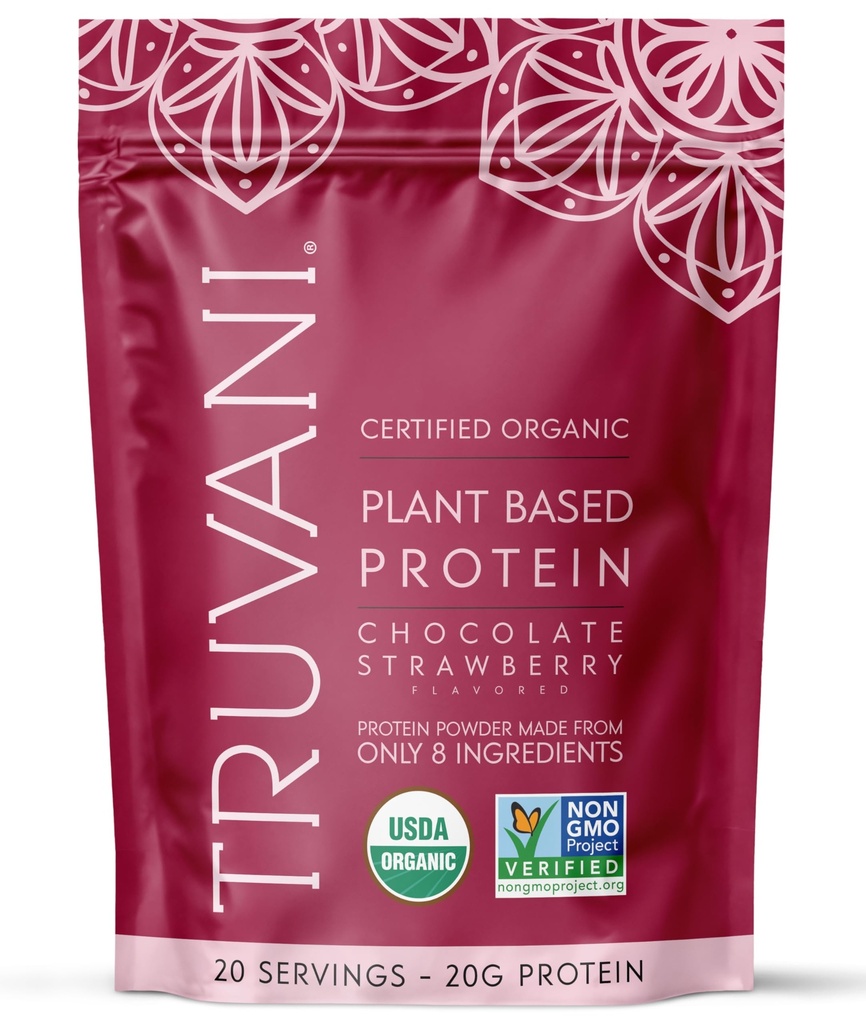 Truvani Poudre de protéines de pois végétaliens au chocolat Fraise de 20g Protéine biologique à base de plantes 20 portions