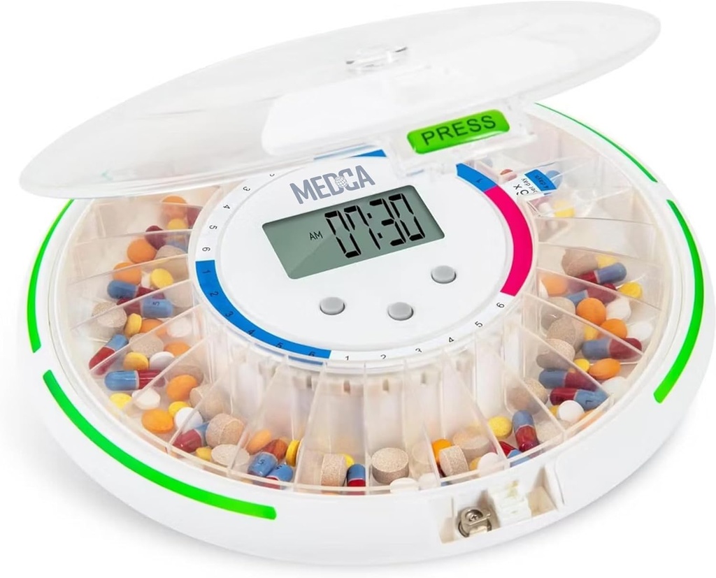 Automatische Pillenspender mit 28-Tage-Elektronik-Meditations-Organisator - abschließbarer Schlüssel-Säulen-Container mit LCD-Display, Licht und Sound Erinnerungsalarm für geplante Medizin für Senioren und älter