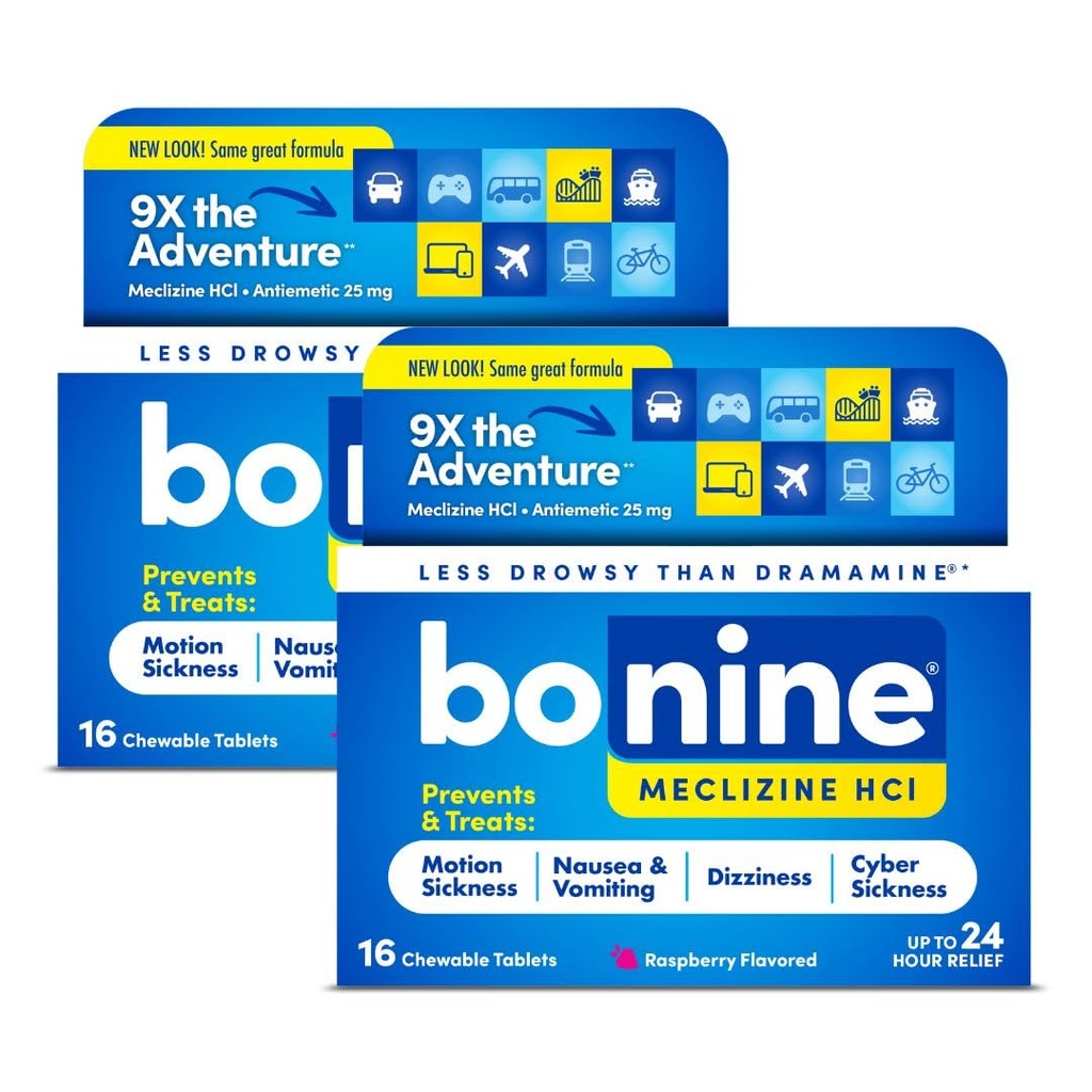 Soulagement de la maladie des mouvements non somnolents Bonine - 32 comprimés à croquer avec la Meclizine HCL 25mg - Médecine non somnolente pour la nausée ou la maladie des mouvements - Essentiels de croisière - Arôme framboise