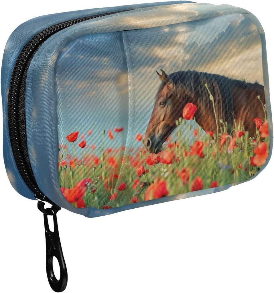 Fustylead Mane Horse in Poppy Flower Field und Sky Pill Organizer Case mit Reißverschluss 2 Zeiten ein Tag für Vitamin und Supplement, 7 Tage Reise Organizer Medizin Fall