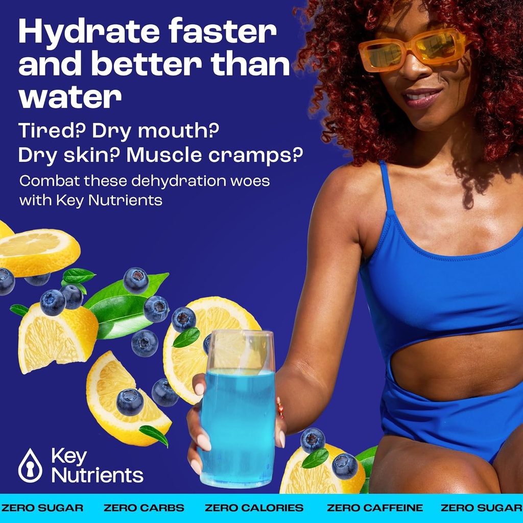 CLÉS NUTRIENTS Électrolytes Multivitamine Powder Packets - Delicious Blueberry Lemonade 40 Pack Pack Hydratation Packs - Travel Hydratation Powder - Pas de sucre, pas de calories, sans gluten - Fabriqué aux États-Unis