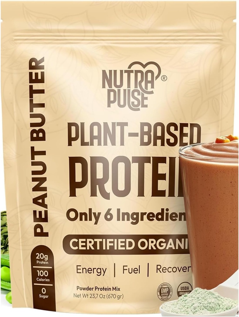 Poudre de protéines végétaliennes organiques – Arôme de beurre d'arachide, base végétale, sans gluten, sans OGM, sans soja, 20g de protéines par portion, idéal pour les smoothies, Shakes, cuisson au four (1 paquet, 20 portions)