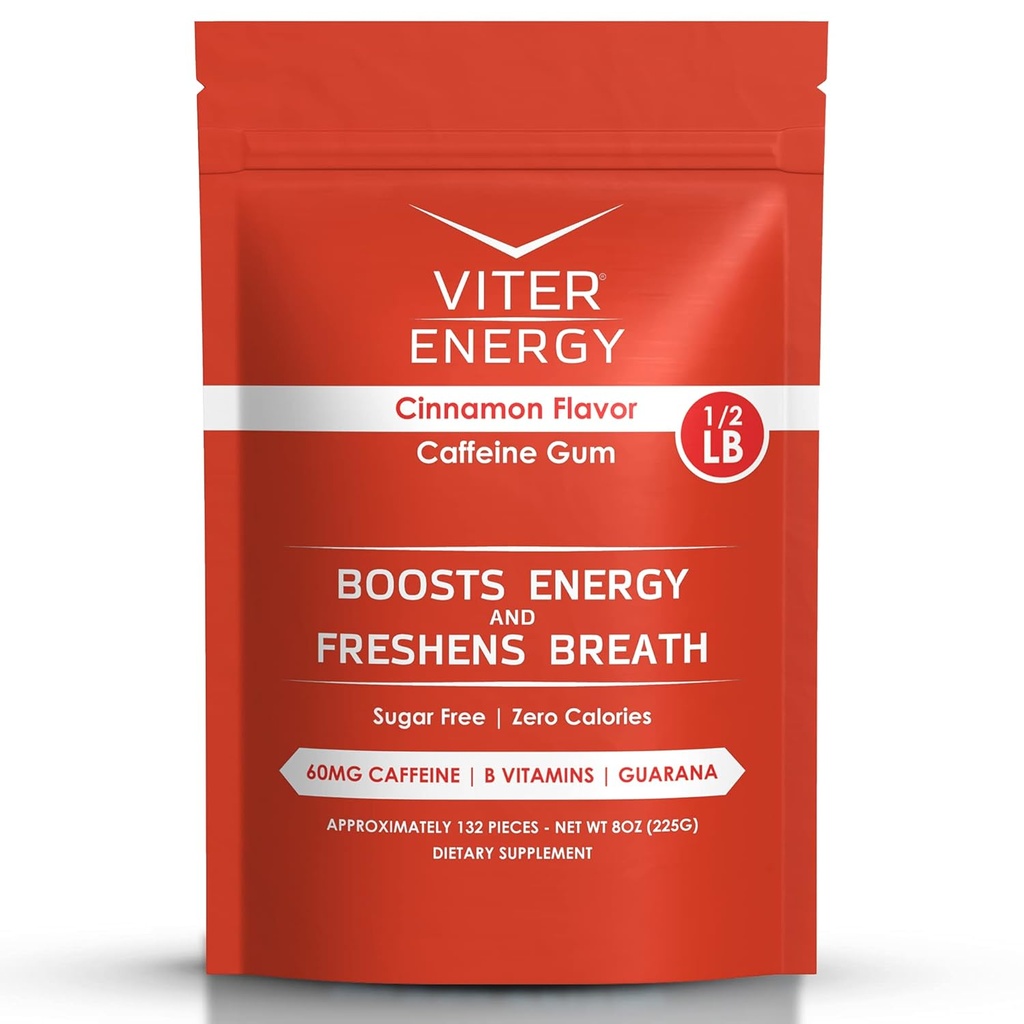 Viter Energy Koffeiniertes Gum 60mg Koffein, B Vitamine, Guarana, Sugar Free. (Cinnamon, 8oz, Bulk Bag)