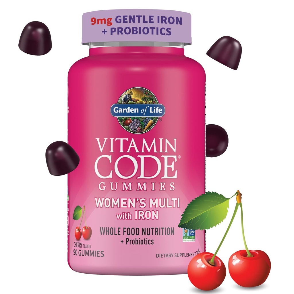 Garten des Lebens Vitamin Code Frauen Multivitamin Gummy mit Eisen: Folat, Biotin, D3 & B12 für Haar, Haut & Nägel + Probiotika für Immungesundheit & Verdauung, Non-GMO, Gluten-Free, 90 Kirschgummis