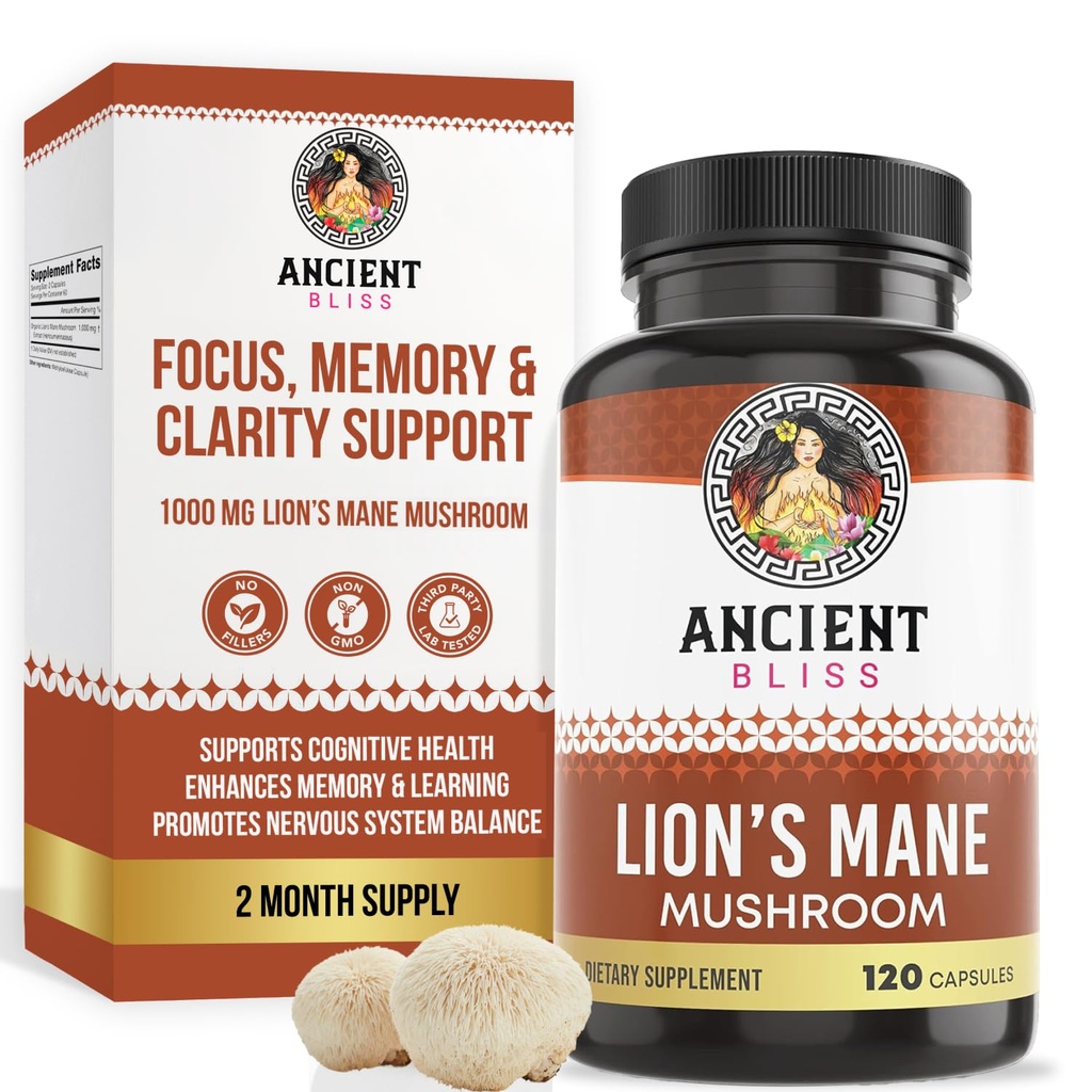 Antike Bliss Lion's Mane Supplement (2 Month Supply)- 120 Vegan Mushroom Capsules- Mai unterstützt Psychische Klarheit, Energie & Mai Fokus-Memory & Immune Support Mushroom Supplement