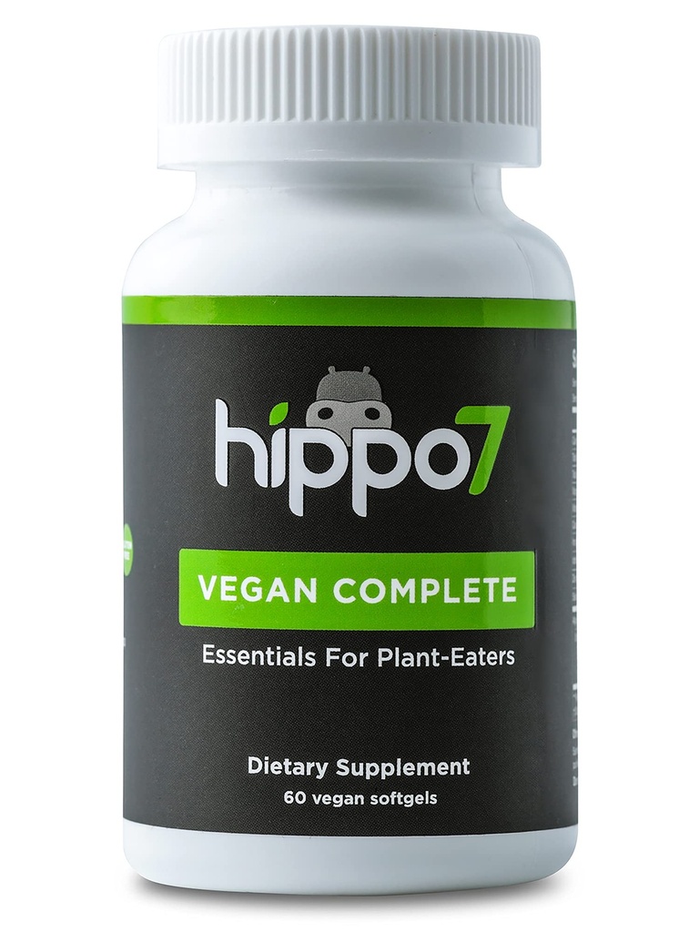 Hippo7 Vegan Complete Multivitamin Vitamin B12, Vitamin D, Omega-3 DHA+EPA, Calcium, Iodin, Zink & Eisen. (1 Flasche, 60 Softgels)