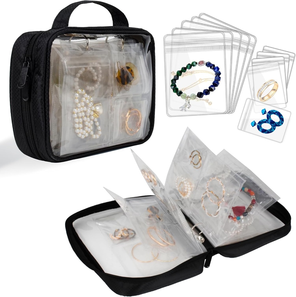 Reise Schmuck Organizer Case Transparent Schmuck Aufbewahrung Buch Binder Tasche für Ohrringe, Ringe, Halskette, Armband, Schwarz