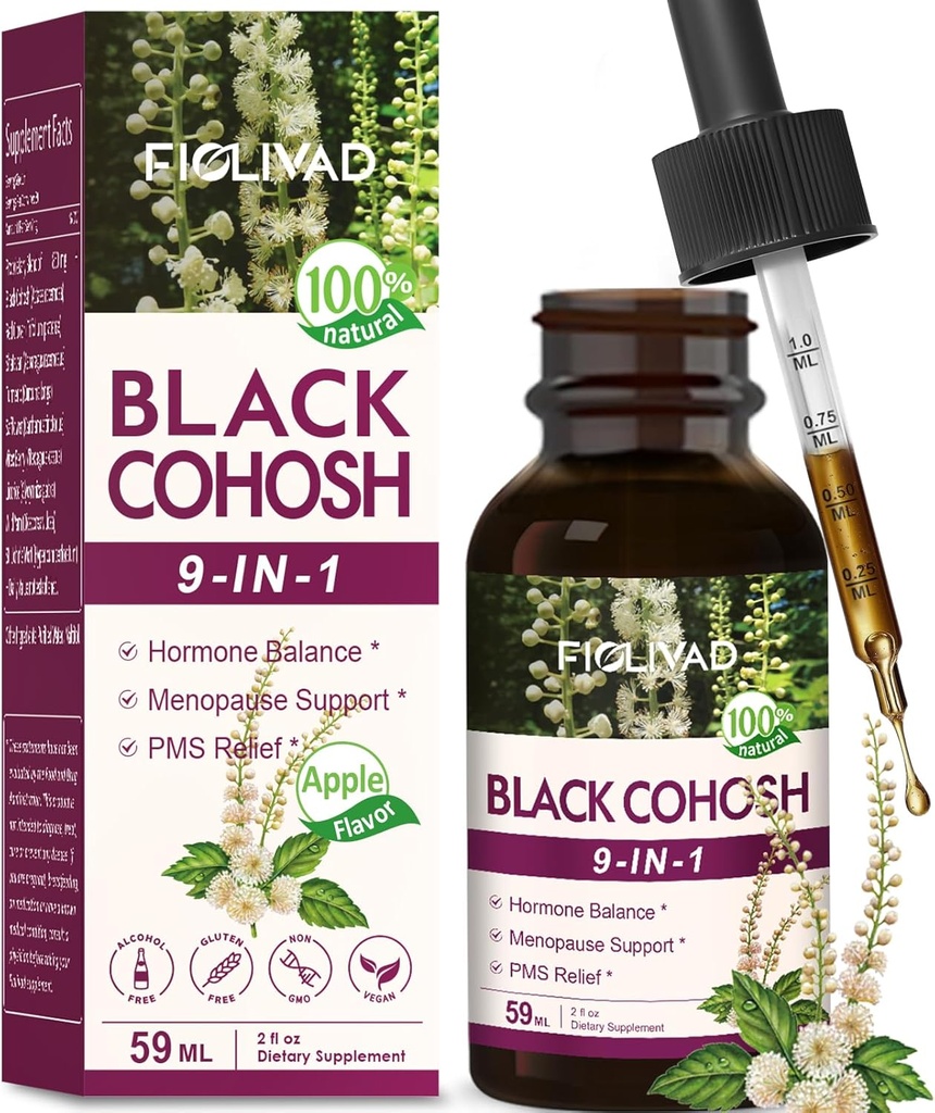 Black Cohosh Tropfen, Kräuterextrakt Mischung für Hormon Balance, Menopause Unterstützung & PMS Relief. 2oz-(Apple Flavor)