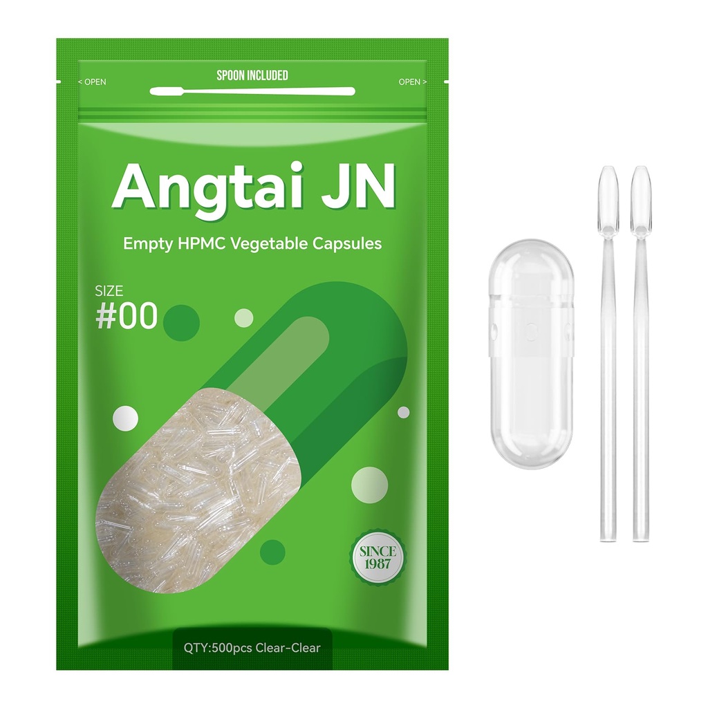 Capsules vides,AngtaiJN 500 Compter Capsules végétariennes claires, Taille 00 Capsules de pilules bricolées Remplir des capsules vides,avec Micro Lab Spoon,Kosher,ISO9001,Gluten Free, Halal Certified,Non-OGM Certifié