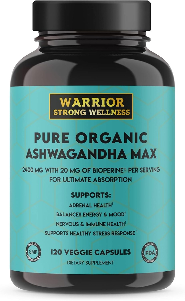 Pure Organic Ashwagandha Kapseln mit Bioperine - 2400 mg - 120 Kapseln - Gesunde Stress-Reaktion und Mood-Boost, Immun-Gesundheit, besser Schlaf