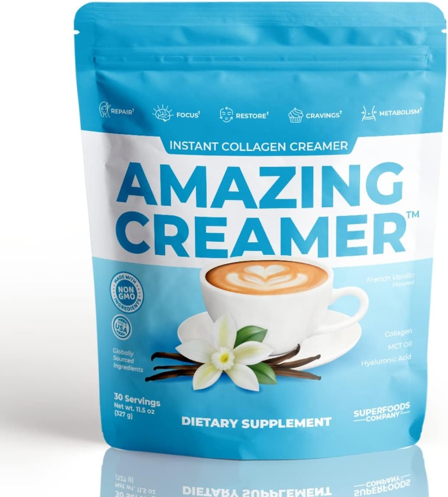 Superfoods Company Amazing Creamer mit Collagen - Keto Creamer-Hyaluronsäure & MCT Öl - Brain Boost & Curbs Cravings - Unterstützt gesunde Haut & Haar - Diät-Friendly [30 Servietten] [Vanilla]