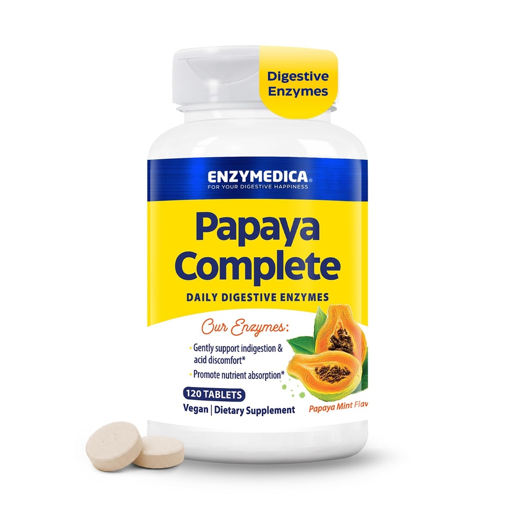Enzymedica Papaya Enzyme Kaubare, Verdauungsenzyme für Frauen und Männer, mit Bio Papaya Juice und Chlorophyll, Hochpotenz Bromelain & Papain, Vegan, Mint Flavor, 120 Tabletten