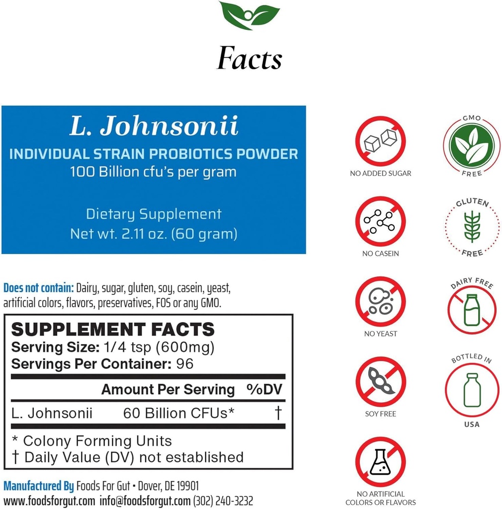 Lebensmittel für Gut Lactobacillus Johnsonii Probiotic Powder 100 Billion cfu's | No Additives | Direct from Manufacturer | No Third-Party Storage | Immune Support | L. Johnsonii | 60 Gramm (2.11 Oz)