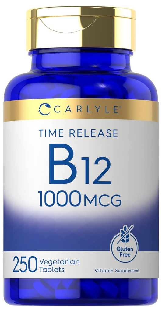 Carlyle B12 Vitamine 1000 mcg, 250 Nombre de comprimés de libération dans le temps, Cyanocobalamine, supplément végétalien, sans OGM et sans gluten