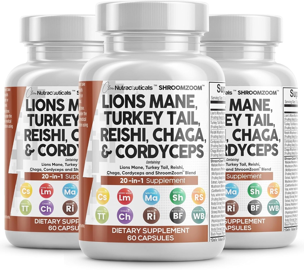 Saubere Nutraceuticals Lions Mane 20in1 Pilzergänzung mit Türkei Tail Reishi Cordyceps Chaga Maitake Meshima Poria Cocos Shiitake Oyster Porcini Enoki - 3Pack