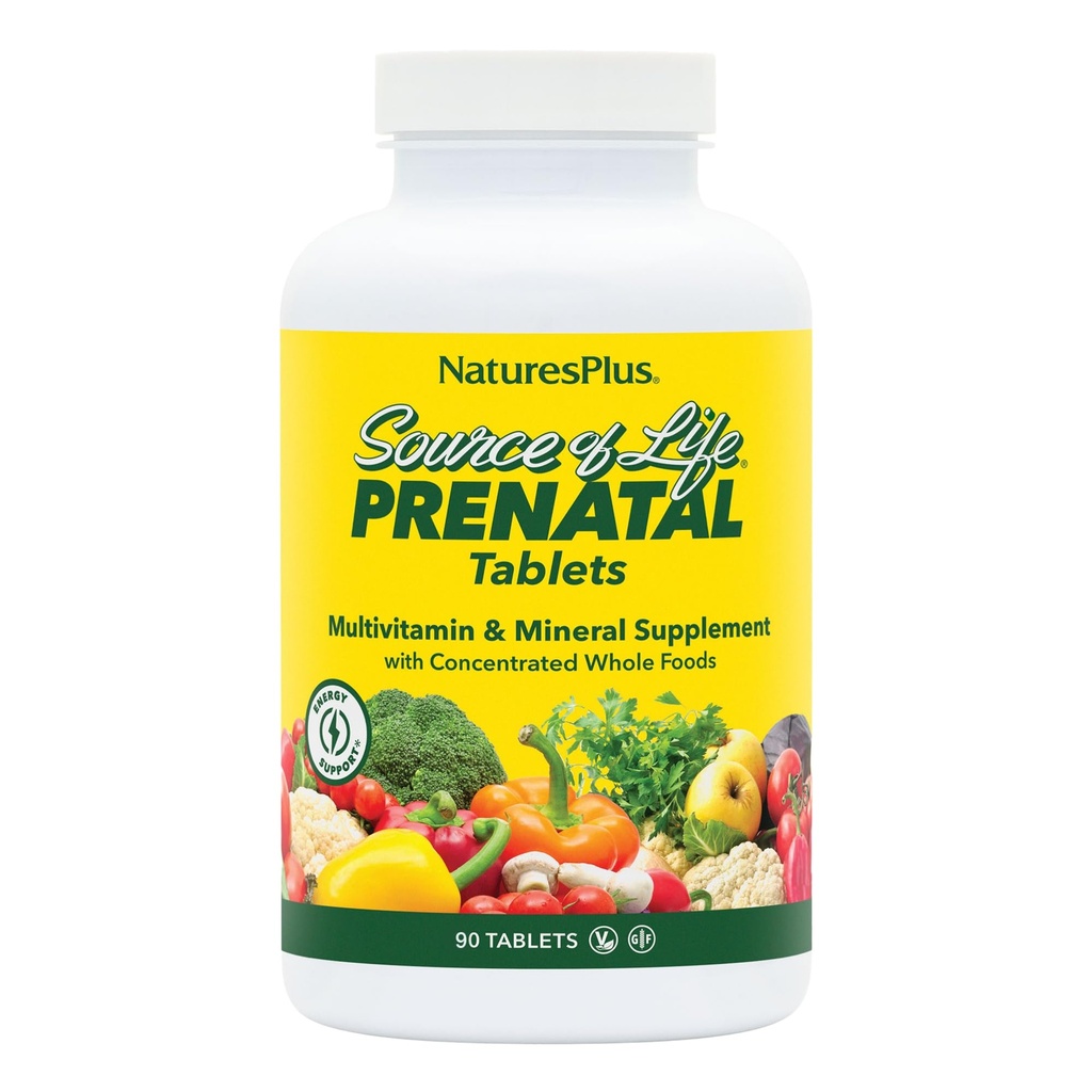 Natures Plus Source de vie Prénatale - 800 mcg Folate, 90 comprimés végétariens - Tous les vitamines et minéraux prénatals naturels avec fer et calcium - Santé et énergie optimales - Sans gluten - 45 portions