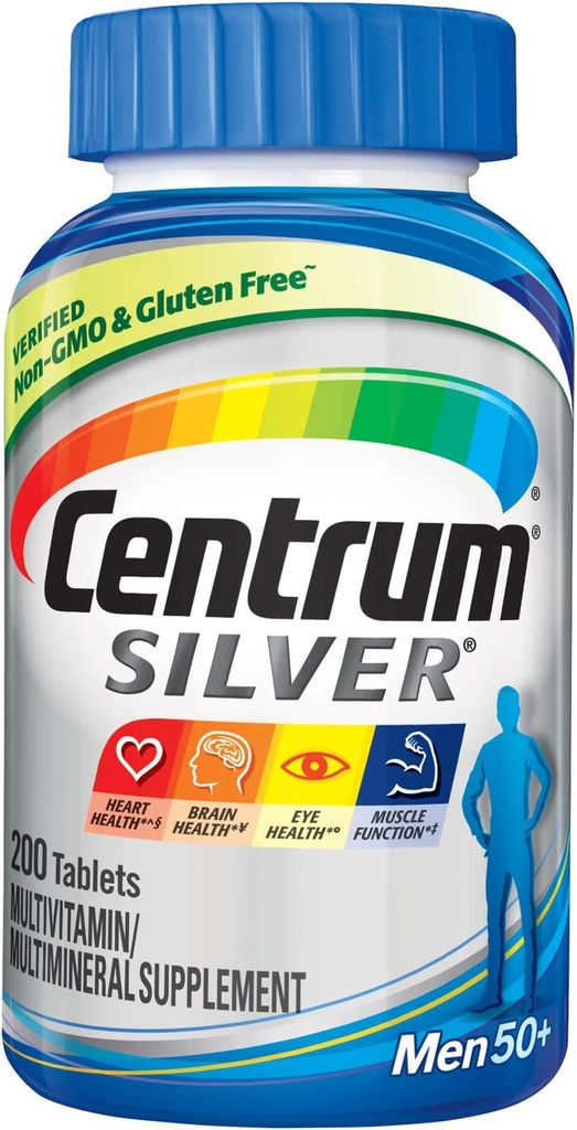 Centrum Silver Multivitamin für Herren 50 Plus, Multimineral Supplement, Vitamin D3, B-Vitamine und Zink, Glutenfrei, Non-GMO Zutaten, unterstützt Gedächtnis und Kognition in älteren Erwachsenen - 200 Ct