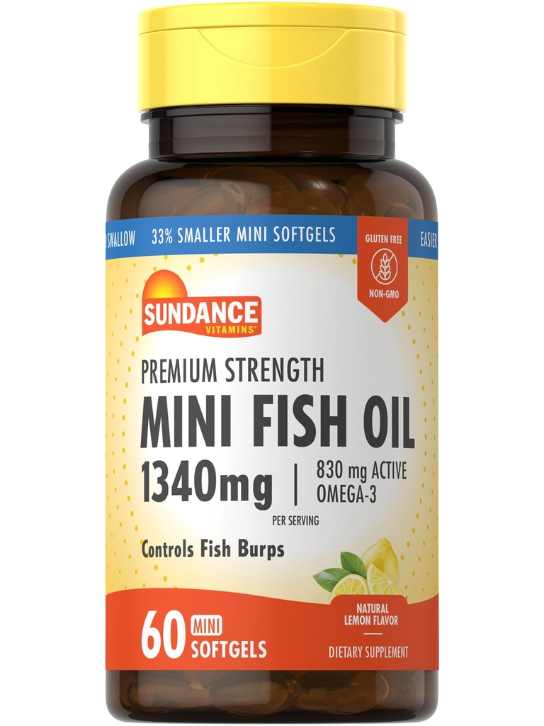 Sundance Mini Fish Oil Softgels 1340mg | 60 Count | Controls Fish Burps | Premium Strength Formula mit Omega-3 | Natural Lemon Flavor | Non-GMO und glutenfreie Ergänzung